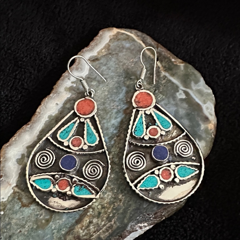 Artisan Handcrafted Turquoise, Coral & Lapis Teardrop Dangle Earrings #193